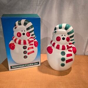 Snowman Cookie Jar Green & Red Striped Hat & Scarf Original Box Christmas